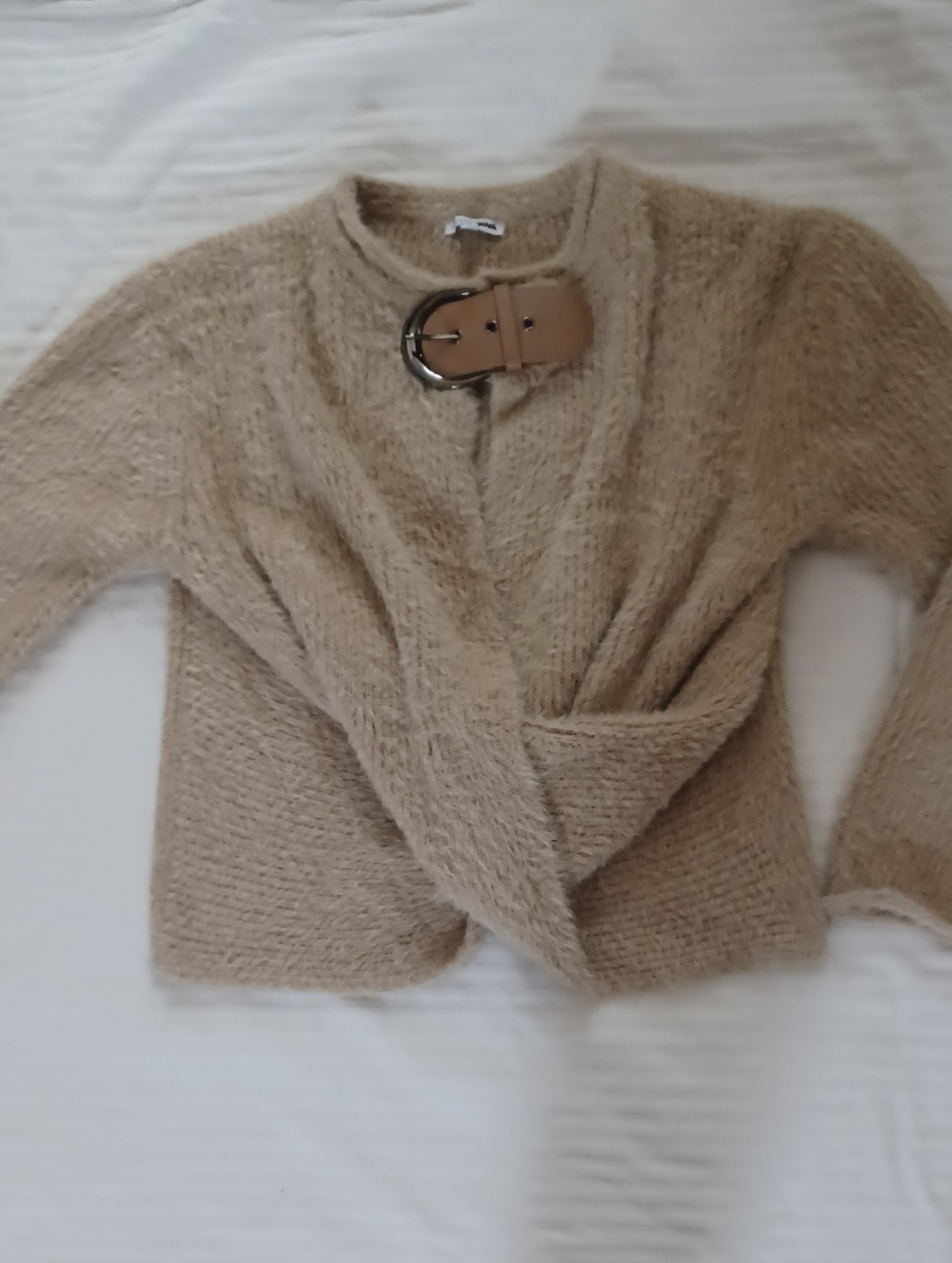 Fashion Nova Beige Fuzzy Knit Sweater with Buckle Detail